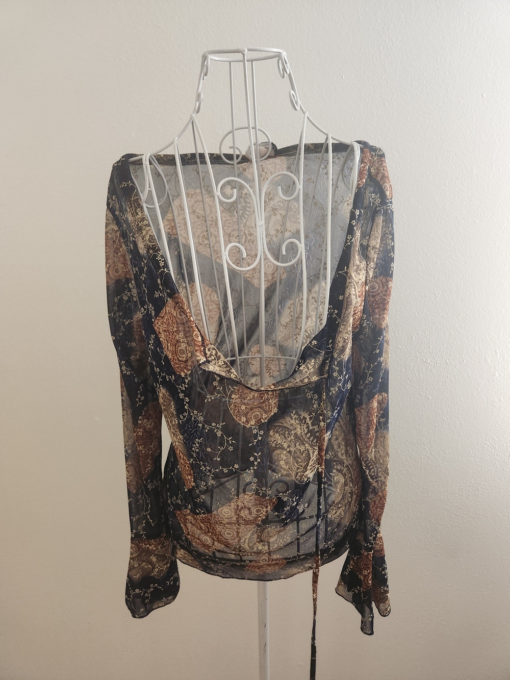 Vintage Y2K Rave Sheer Mesh Floral Paisley Boho Top Size XL Whimsigoth